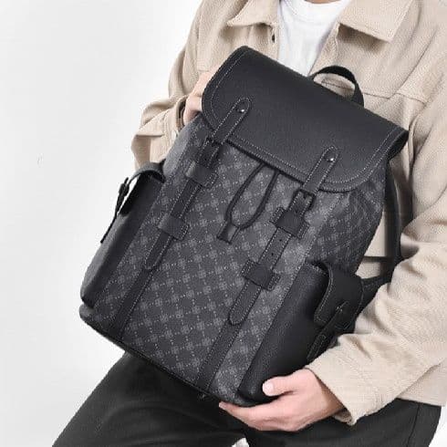 リュックサック 格子柄型押しレザー多機能リュックサック